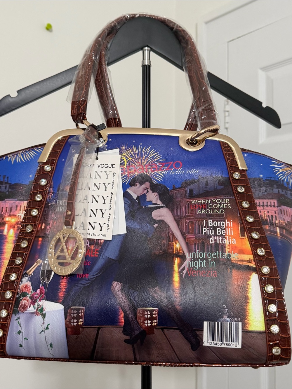 Blue Printed Satchel with Brown Trim and Gold Accents - Women's Designer Tote